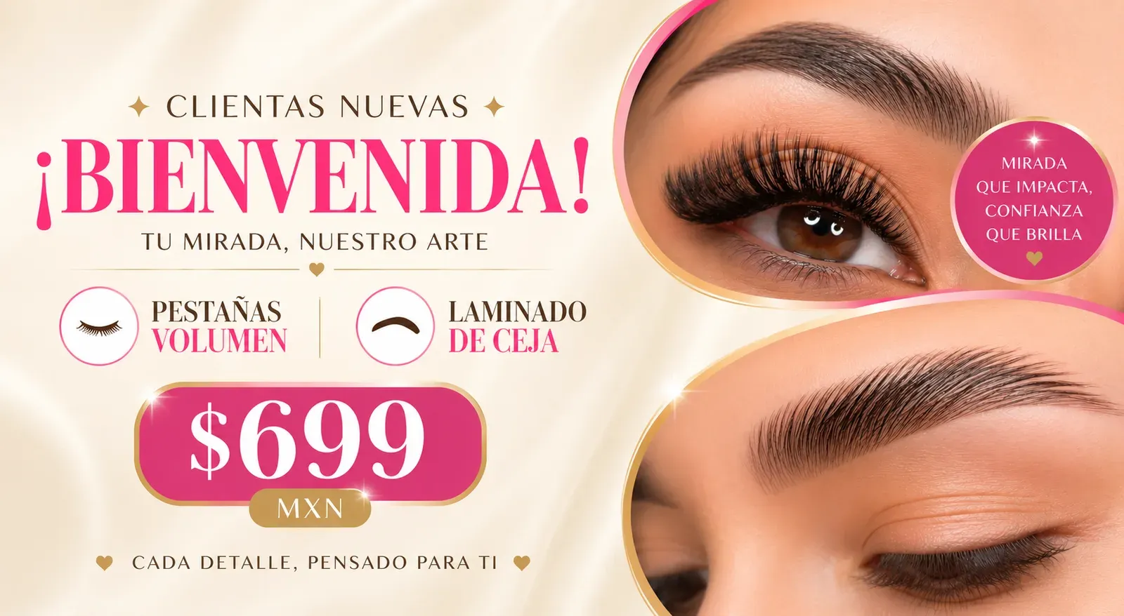 Clientas nuevas ¡Bienvenida! Pestañas Volumen + Laminado de Ceja $699 MXN en Saga Beauty Bar